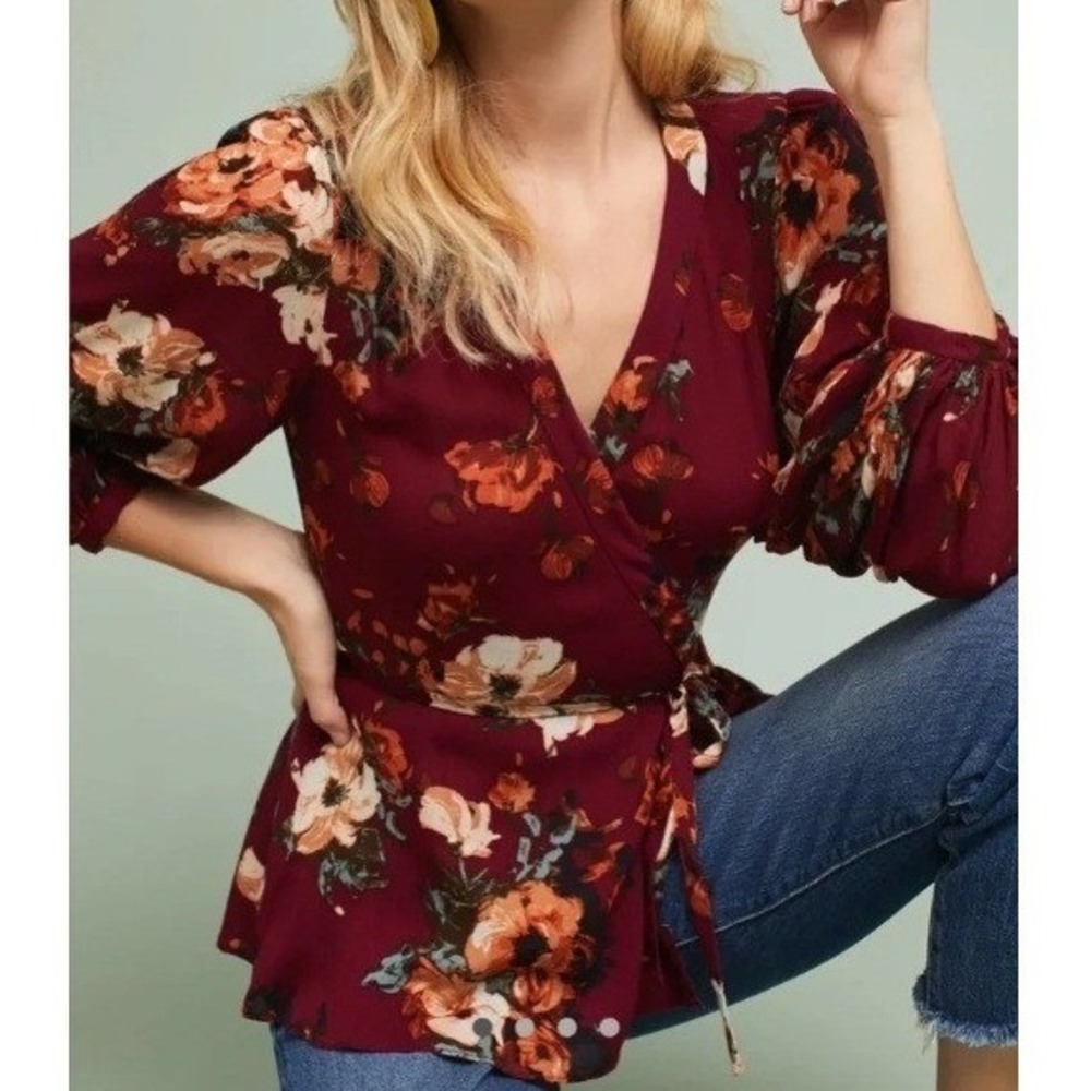 HD in Paris Anthropologie Women's Gail Wrap Blouse Burgundy Floral Size 4 Boho
